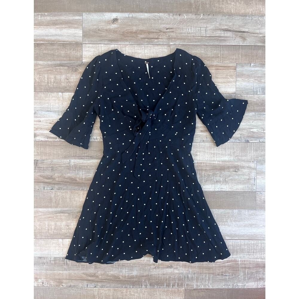 Free People All Yours Black Polka Dot Tie Front Dress Size 2